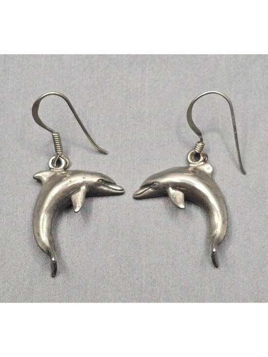 Sunwest Jewelry - Vintage Sunwest Sterling Silver Dolphin Dangle Earrings 1.25" Nautical Sea Life